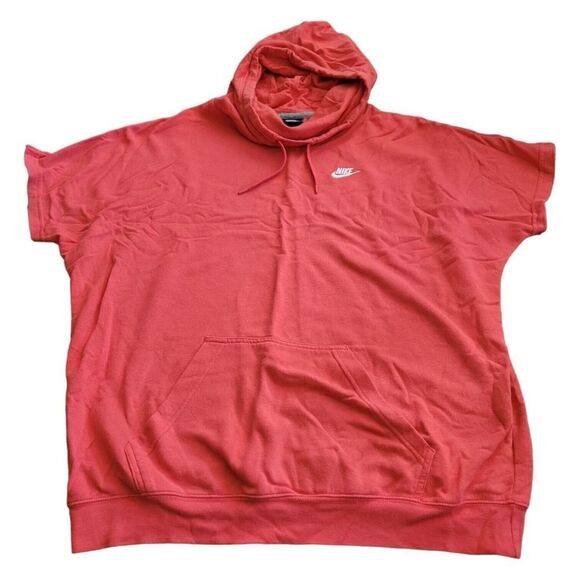 Nike Short Sleeve Pink Red Oversized Hoodie Kangaroo Pocket Womens Size L - Picture 1 of 6